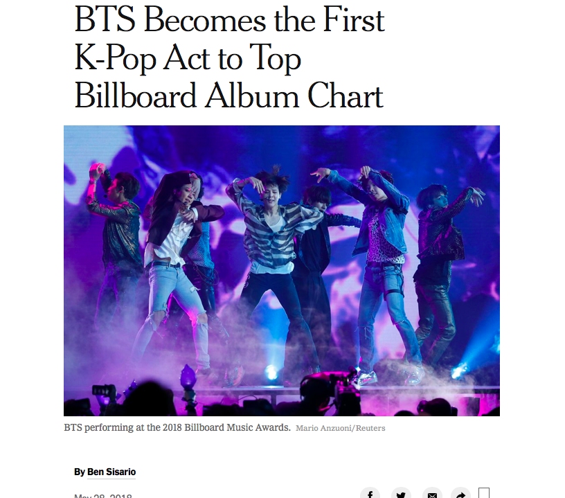 '뉴욕타임즈'는 29일(한국 시간) 방탄소년단의 빌보드 앨범차트 1위 소식을 보도했다.