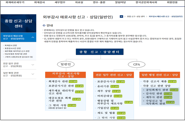 한국공인회계사회 외부감사 애로사항 신고상담센터 화면